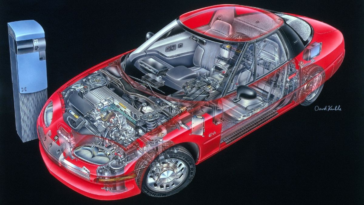 EV1 mělo baterie uložené mezi sedadly a za nimi, poháněna byla přední kola.