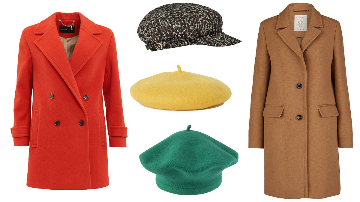Oranžový kabát, Pietro Filipi, 8990 Kč. Hnědý kabát, Esprit, 3499 Kč. Čepice se zvířecím vzorem, F&F, 239 Kč. Žlutý baret, H&M, 149 Kč. Zelený baret, Tonak, 500 Kč.