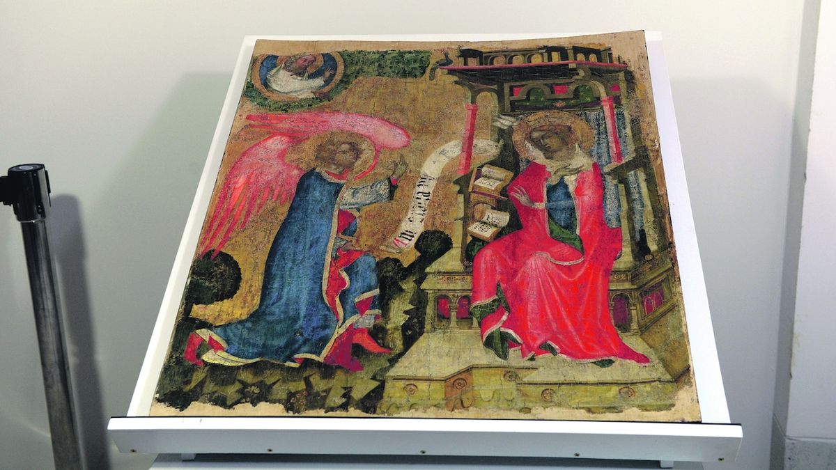 Středověký obraz Zvěstování Panně Marii z dílny Mistra vyšebrodského cyklu.