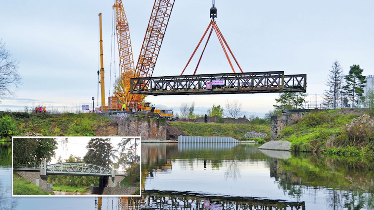 Demontáž mostu v Lužci a vizualizace nového mostu, který ho má nahradit.