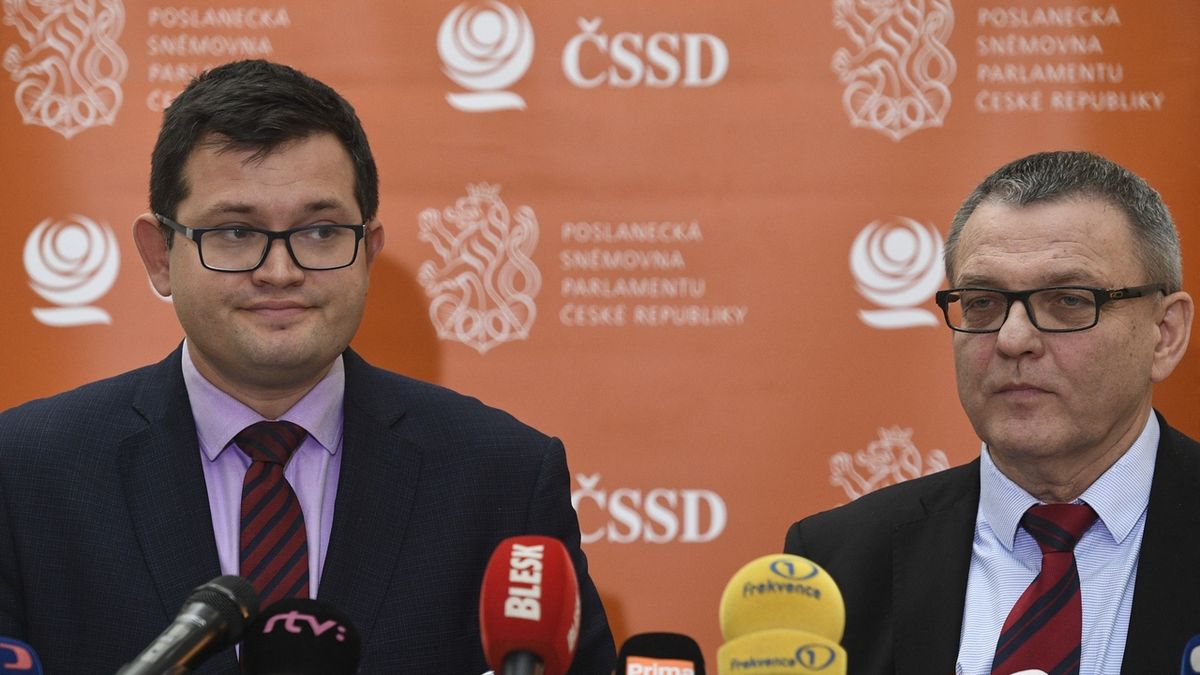 Předseda poslaneckého klubu ČSSD Jan Chvojka a ministr kultury Lubomír Zaorálek na tiskové konferenci
