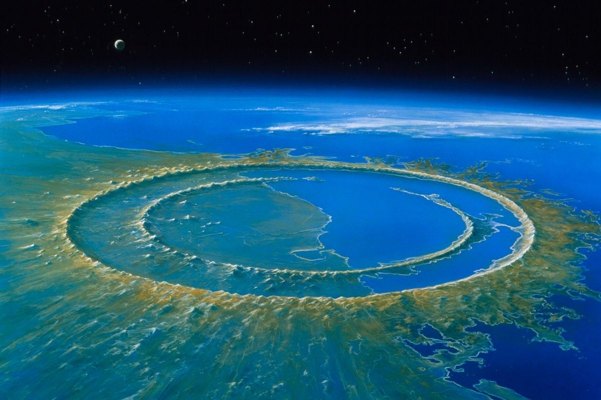 Ilustrace Chicxulubského kráteru po devastující srážce Země s asteroidem