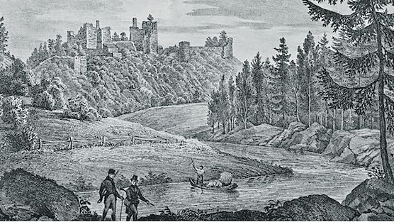 Zřícenina hradu Cornštejn na Znojemsku, jak ji zachytil kolem roku 1833 na litografii Adolf Friedrich Kunike