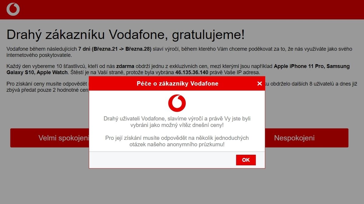 Ukázka podvodné soutěže pod hlavičkou Vodafonu
