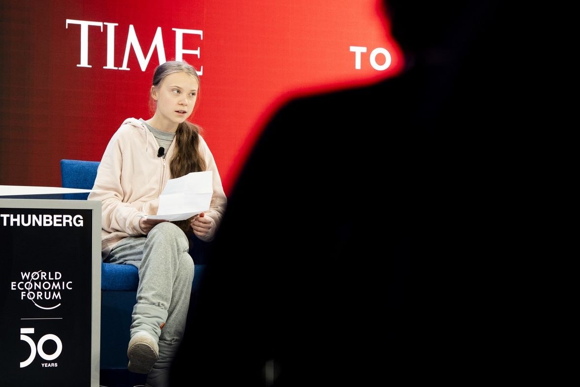 Greta Thunbergová na Světovém ekonomickém fóru v Davosu, leden 2020