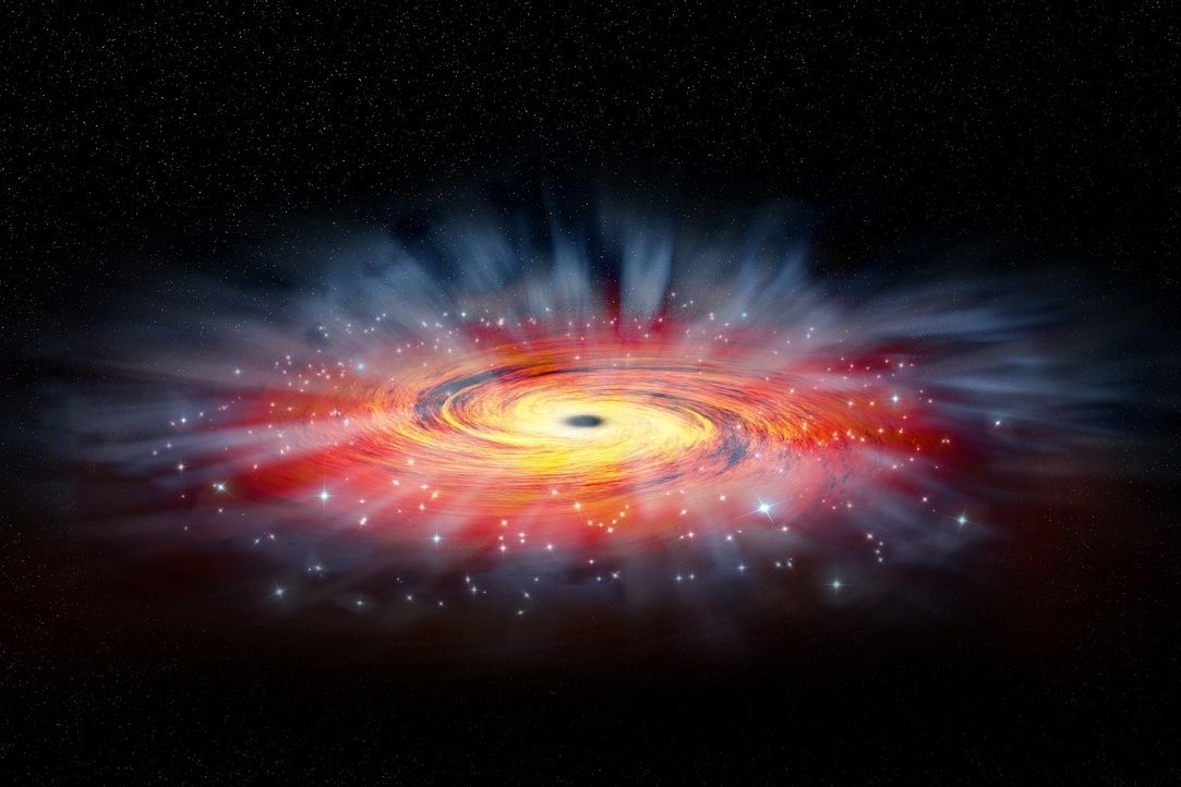 Umělecká představa okolí supermasivní černé díry Sagittarius A* (uprostřed) na ilustračním obrázku
