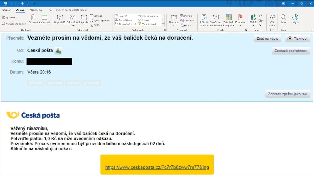 Ukázka podvodného e-mailu.