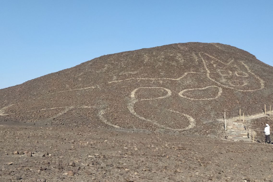 Geoglyf s obří kočkou na planině Nazca v Peru