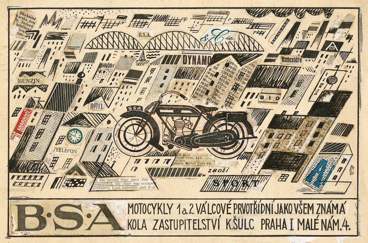 Kresba s reklamou na motocykly (nejpozději z roku 1922) byla objevena teprve nedávno.