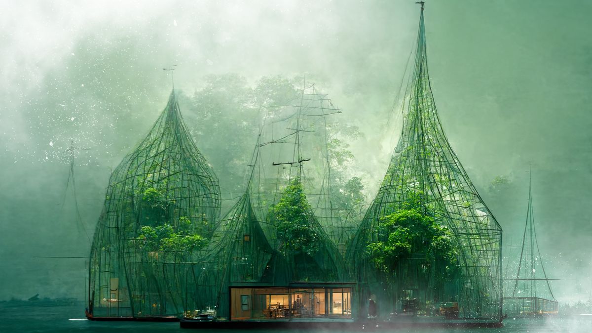 Plovoucí zelená vesnice se zašpičatělými skleníky plnými vegetace