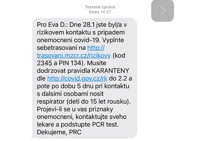 Falešná SMS zpráva o nutné karanténě, kterou dostalo několik poslanců ODS a TOP 09