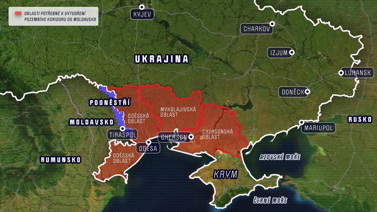 Červeně vyznačené oblasti potřebné k vytvoření pozemního koridoru do Moldavska