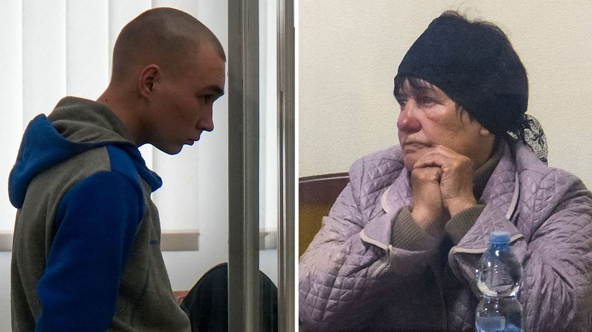 Soud s ruským vojákem Vadimem Šišimarinem (vlevo), který zabil neozbrojeného ukrajinského civilistu. Vpravo vdova po zabitém Kateryna Šelipovová