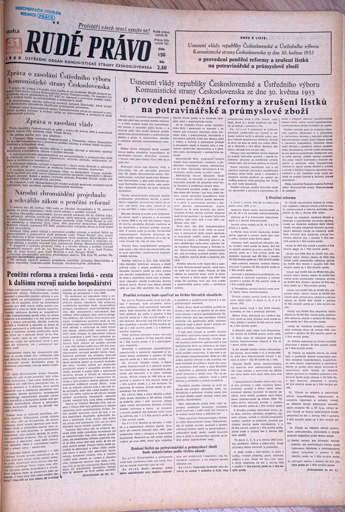 Článek o měnové reformě z roku 1953