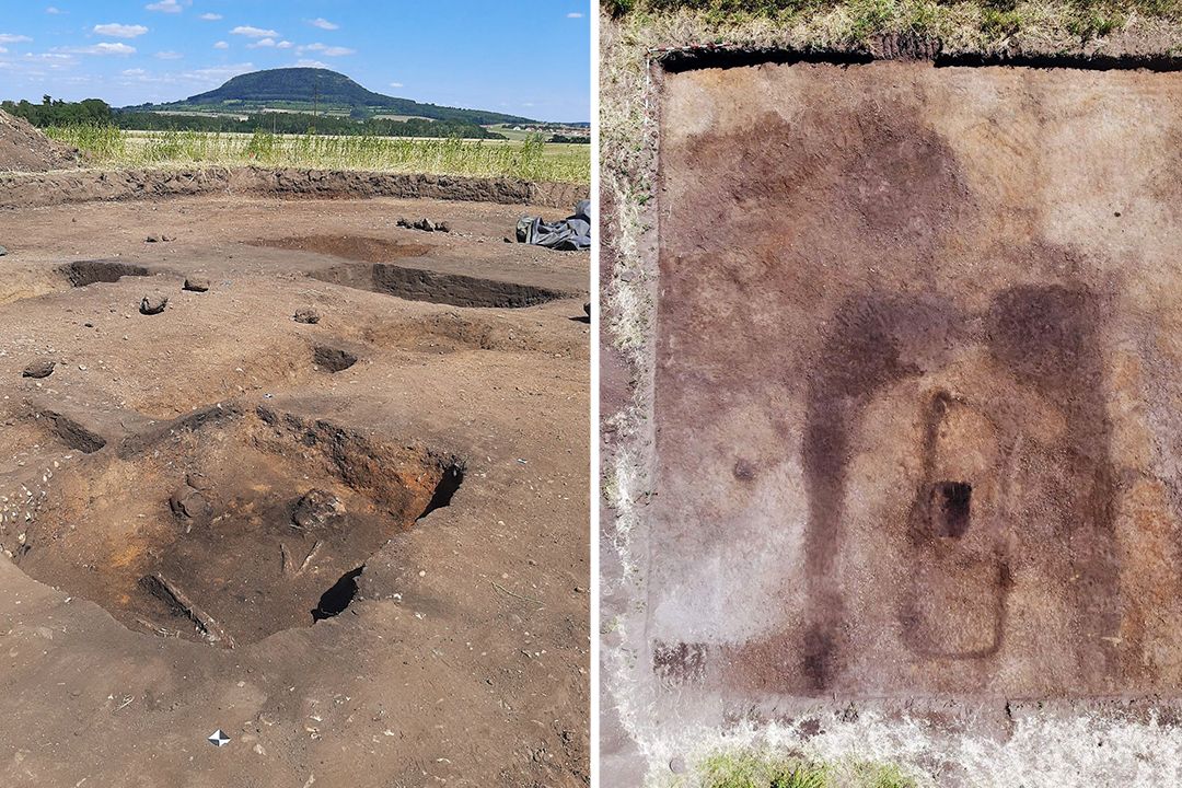 Snímek vlevo: Pohřeb ženy byl do dlouhé mohyly pod Řípem uložen až 1000 let po jejím vybudování. Snímek vpravo: Východní část mohyly se vstupem a vnitřní konstrukcí.