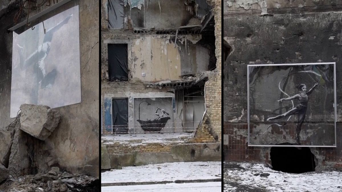 Banksyho díla na Ukrajině chrání sklo a kamery