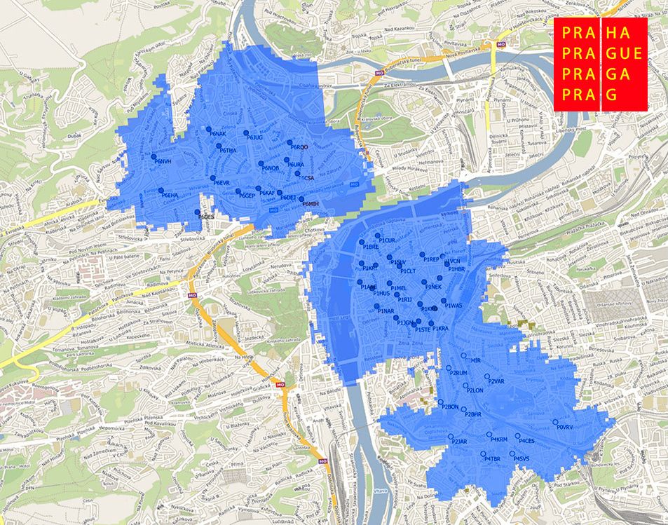Mapa pokrytí 5G internetu od O2 v Praze