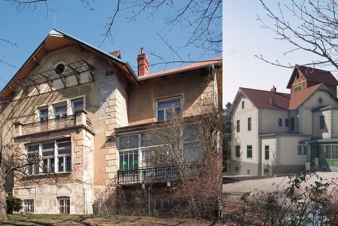 Vila se nachází na adrese: Drobného 299, 602 00 Brno-sever-Černá Pole. Zleva: původní stav stavby a vizualizace budoucí podoby od ateliéru A99.