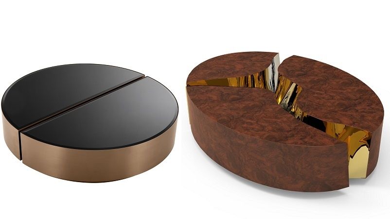 Zaujme Astra Coffee Table se základnou z broušené mědi s černou, skleněnou deskou i stolek Lapiaz Sideboard skládající se ze dvou samostatných modulů, s povrchem z ořechového kořene a dýhou z kořenového topolového dřeva.