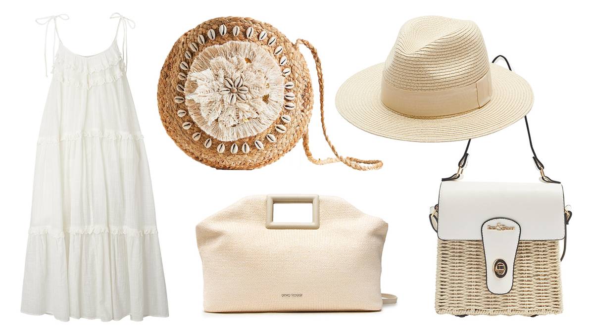 Šaty, s.Oliver, 1999 Kč. Crossbody kabelka s mušlemi, Desigual (prodává Zoot), 1899 Kč. Béžová kabelka do ruky, Gino Rossi (prodává CCC), 2599 Kč. Kabelka proutěná, Deichmann, 649 Kč. Klobouk, s.Oliver, 699