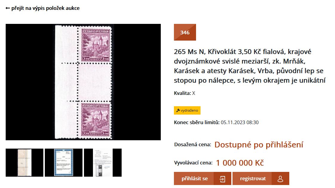 V Praze se vydražila známka za 1,8 milionu korun