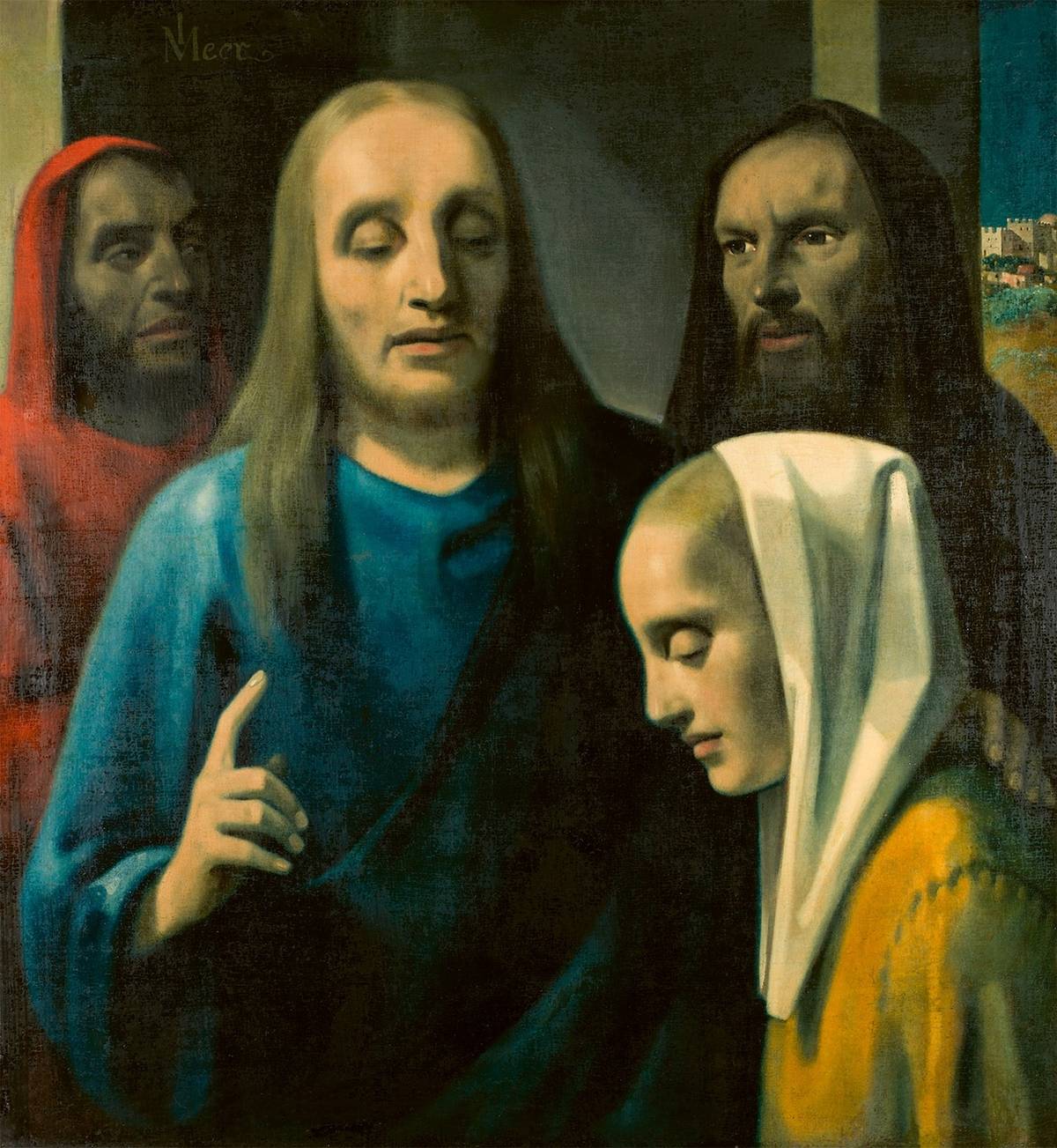 Johannes Vermeer (falzum Han van Meegeren, kolem 1936–1940): Kristus a cizoložnice; Museum de Fundatie, Zwolle, zapůjčeno od nizozemského Národního úřadu pro kulturní dědictví (Rijksdienst voor het Cultureel Erfgoed)