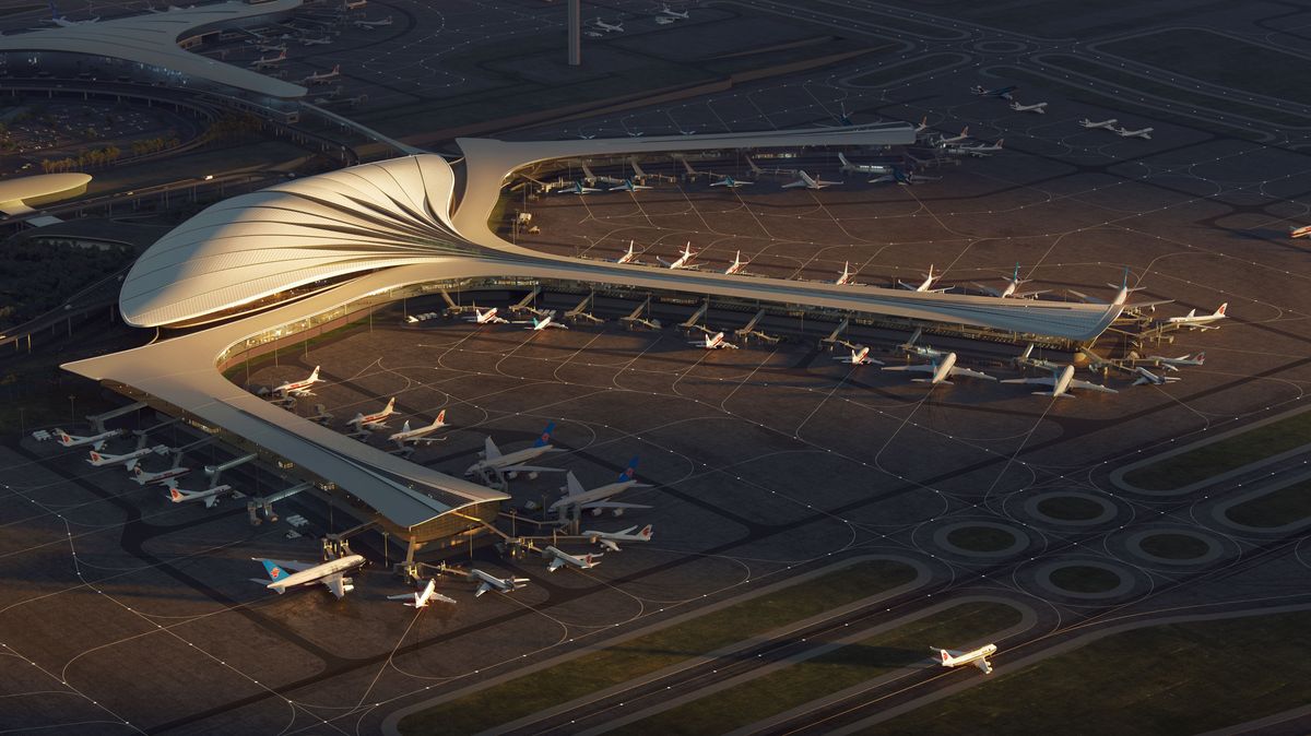 Budova terminálu letiště pro 22 milionů pasažérů připomíná vznášející se ptačí pero