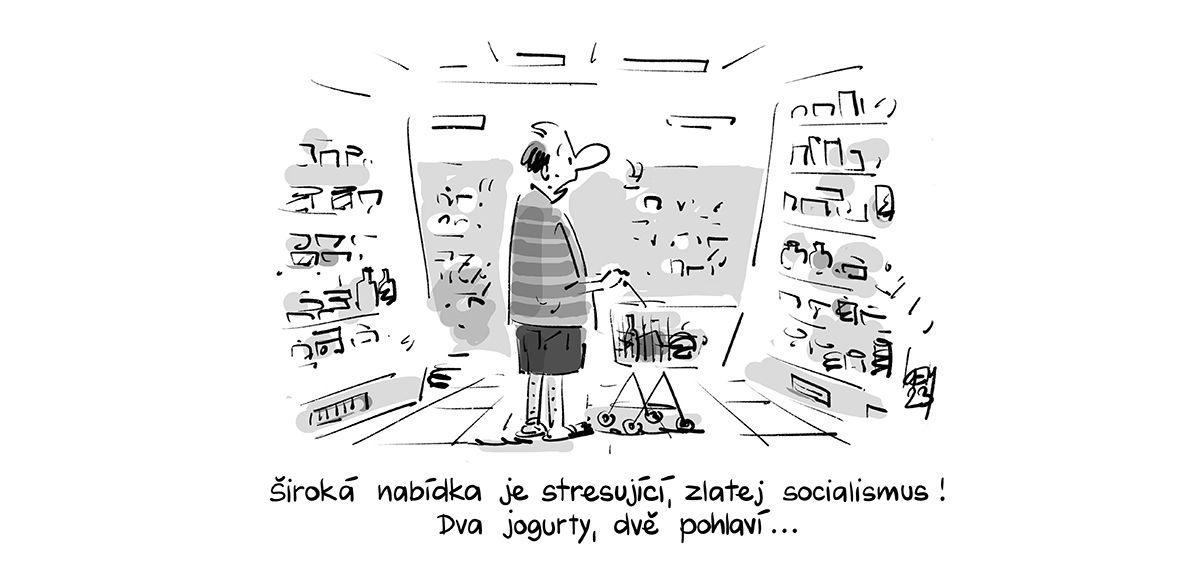 Široká nabídka je stresující, zlatej socialismus! Dva jogurty, dvě pohlaví...