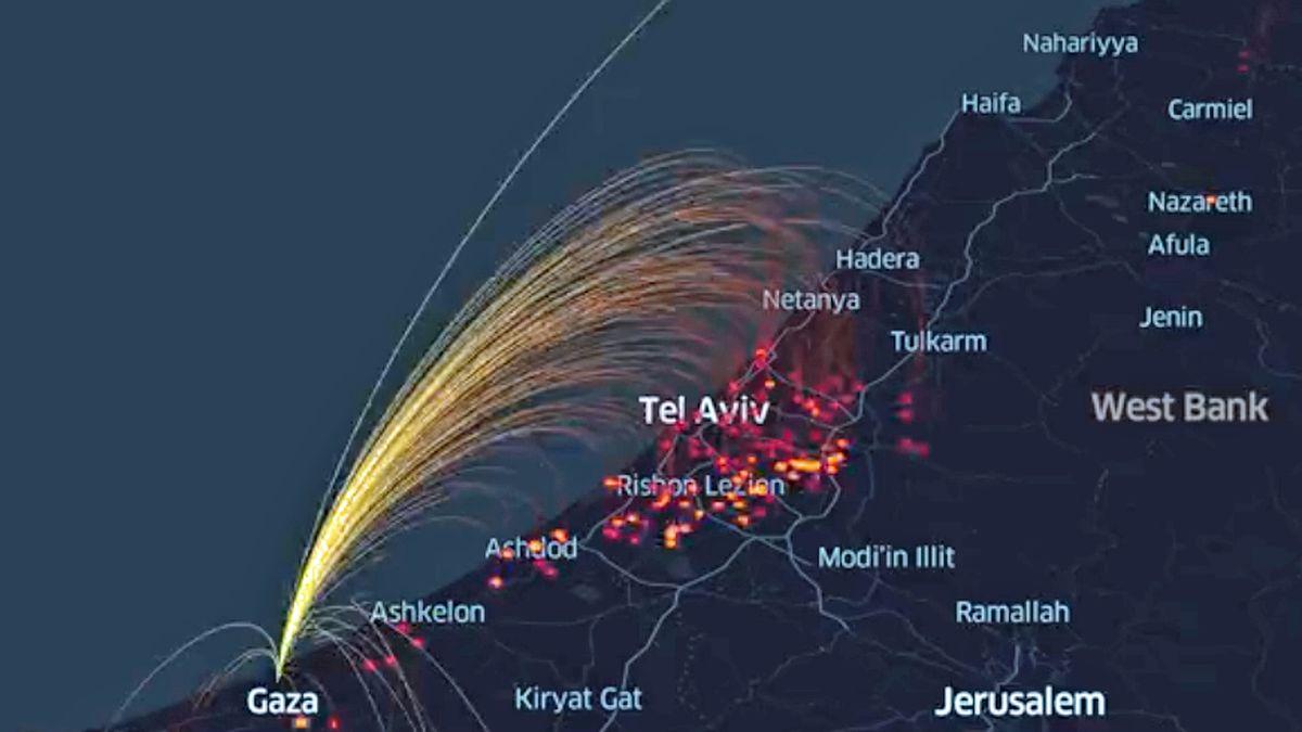 Časosběrná vizualizace ukazuje, jak se Izrael neustále brání raketám Hamásu