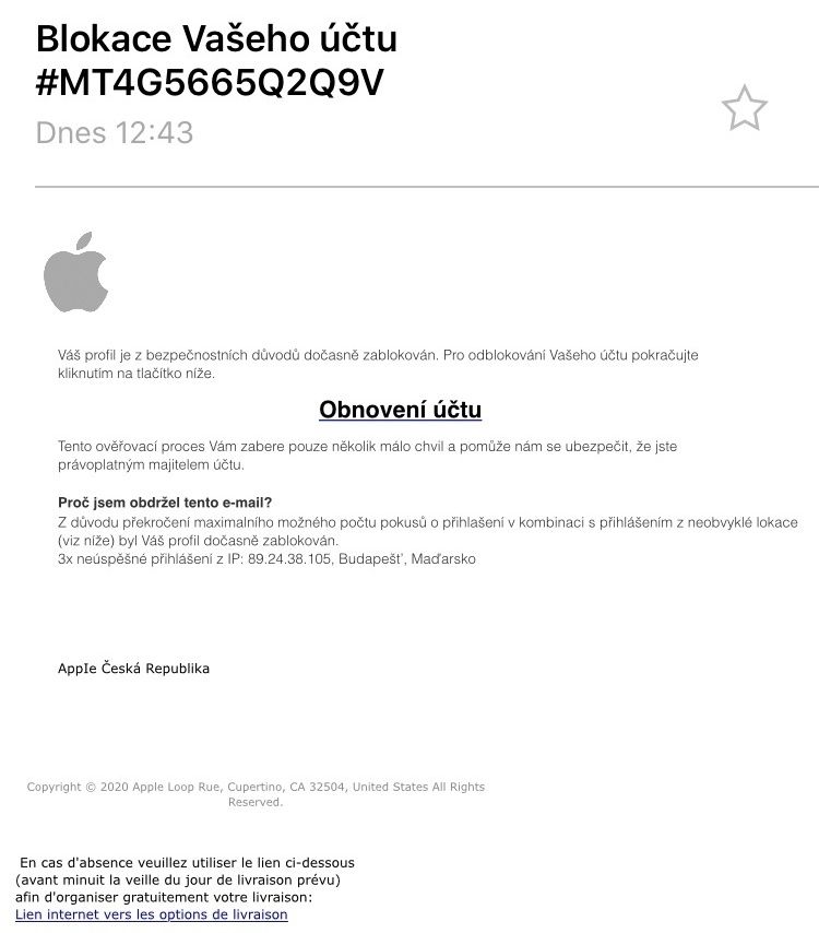 Ukázka podvodného e-mailu od Applu