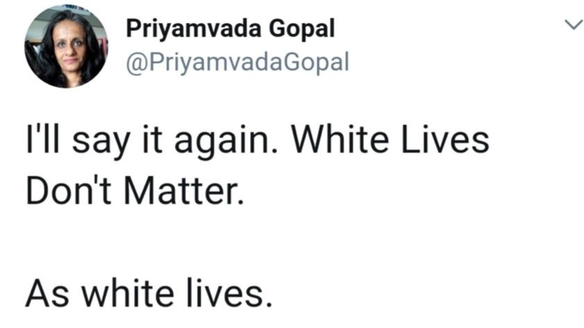 Otisk smazaného tweetu Priyamvady Gopalové.