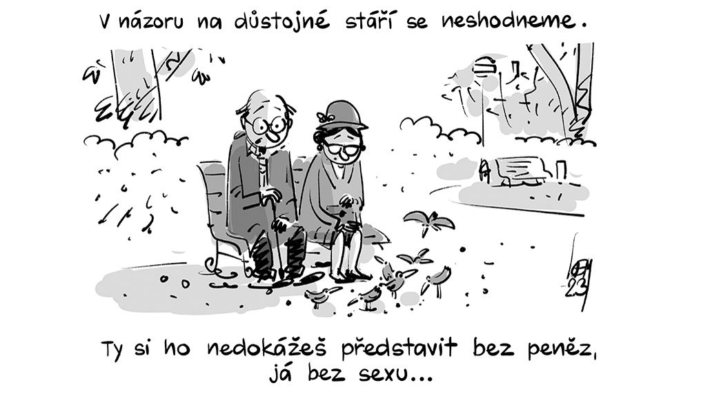 V názoru na důstojné stáří se neshodneme. Ty si ho nedokážeš představit bez peněz, já bez sexu...