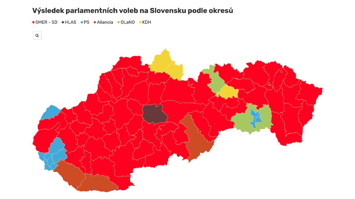 Povolební mapa Slovenska září rudě Ficovým Směrem