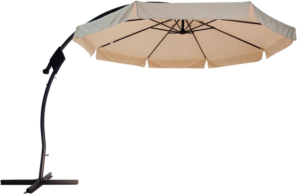 Slunečník Marseile má tvar kulatý, průměr 300 cm. Provedení béžové, materiál polyester. Je voděodolný, cena 4990 Kč.