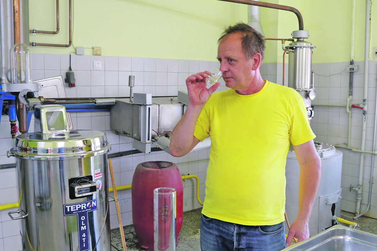 Jiří Šmerák z pálenice v Hruškách degustuje čerstvě vypálený destilát. 