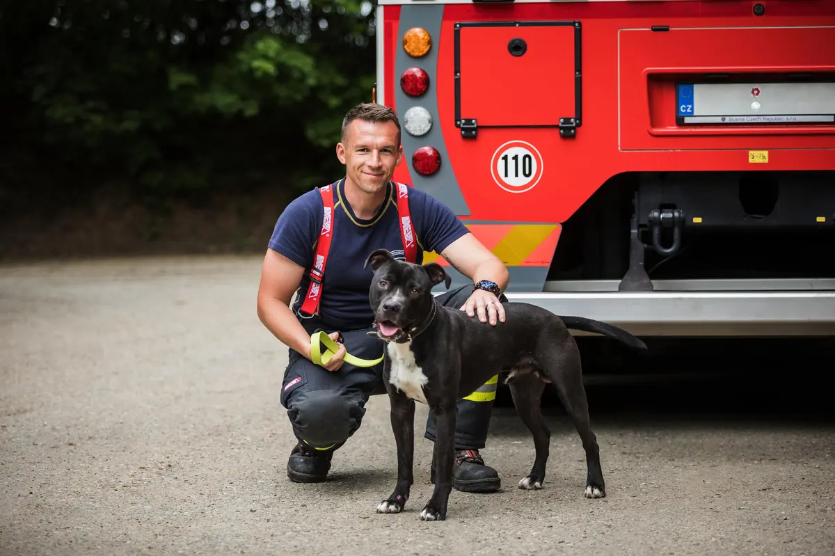 Profesionální hasiči pomáhají psům z útulků, a to speciálním kalendářem pro rok 2024. Na snímku pro kalendář se psem z útulku v Blansku hasič Lukáš Vondál.