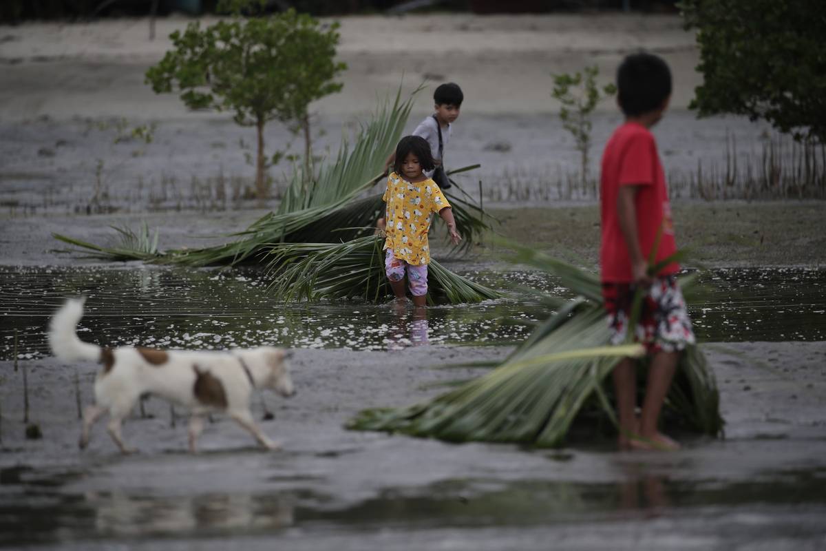 Děti nosí kokosové listy, které mají být použity jako materiál k vybudování provizorní bariéry podél pláže na ostrově Mindoro.