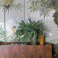 Malba na stěně za barem je provedena technikou, která navozuje pocit trojrozměrného prostoru. Rostlina zde pomáhá setřít rozdíl mezi tím, co je reálné a tím, co je už iluze