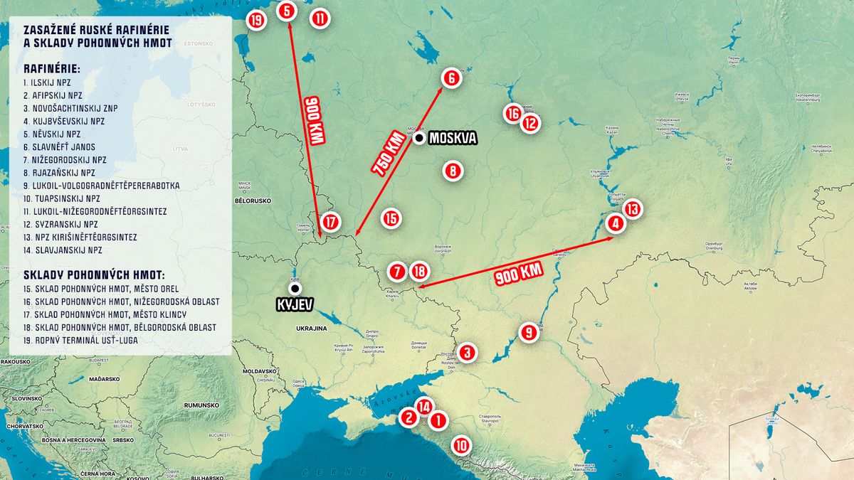 MAPA: Ukrajinské útoky na ruské rafinérie