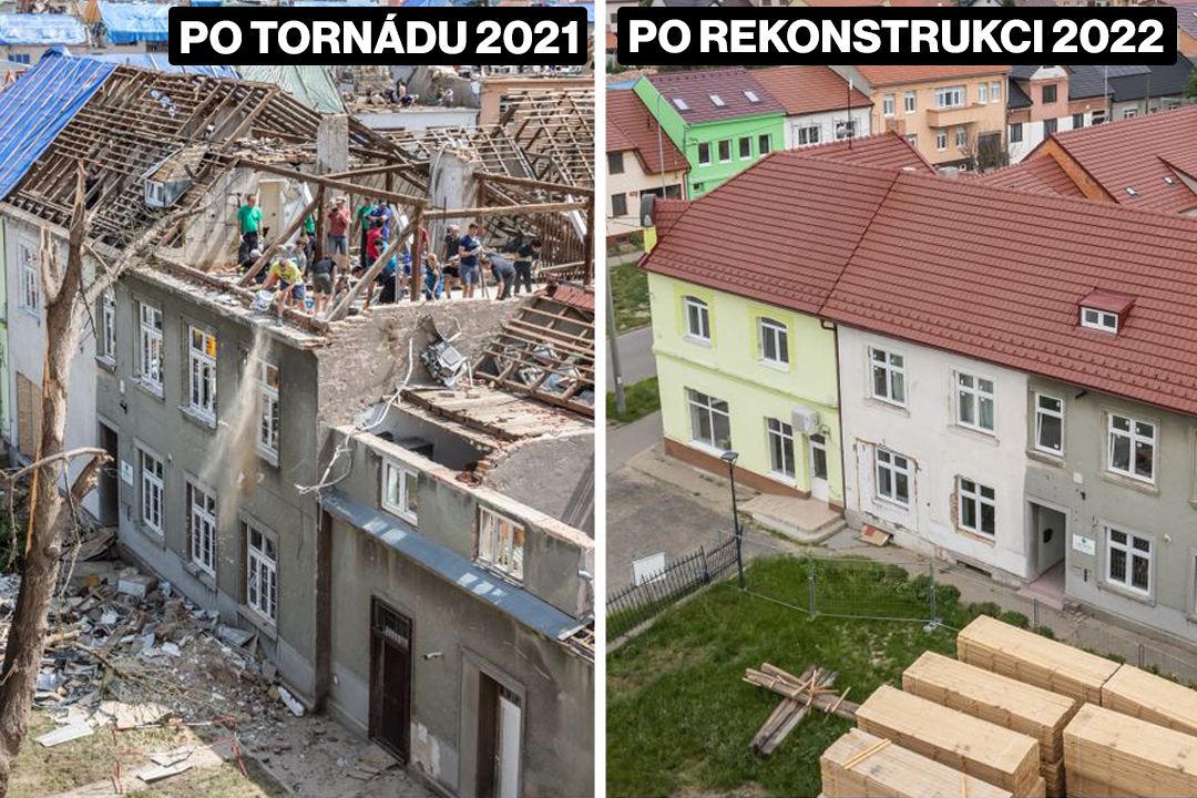 Moravská Nová Ves den po tornádu a na snímku ze začátku června 2022