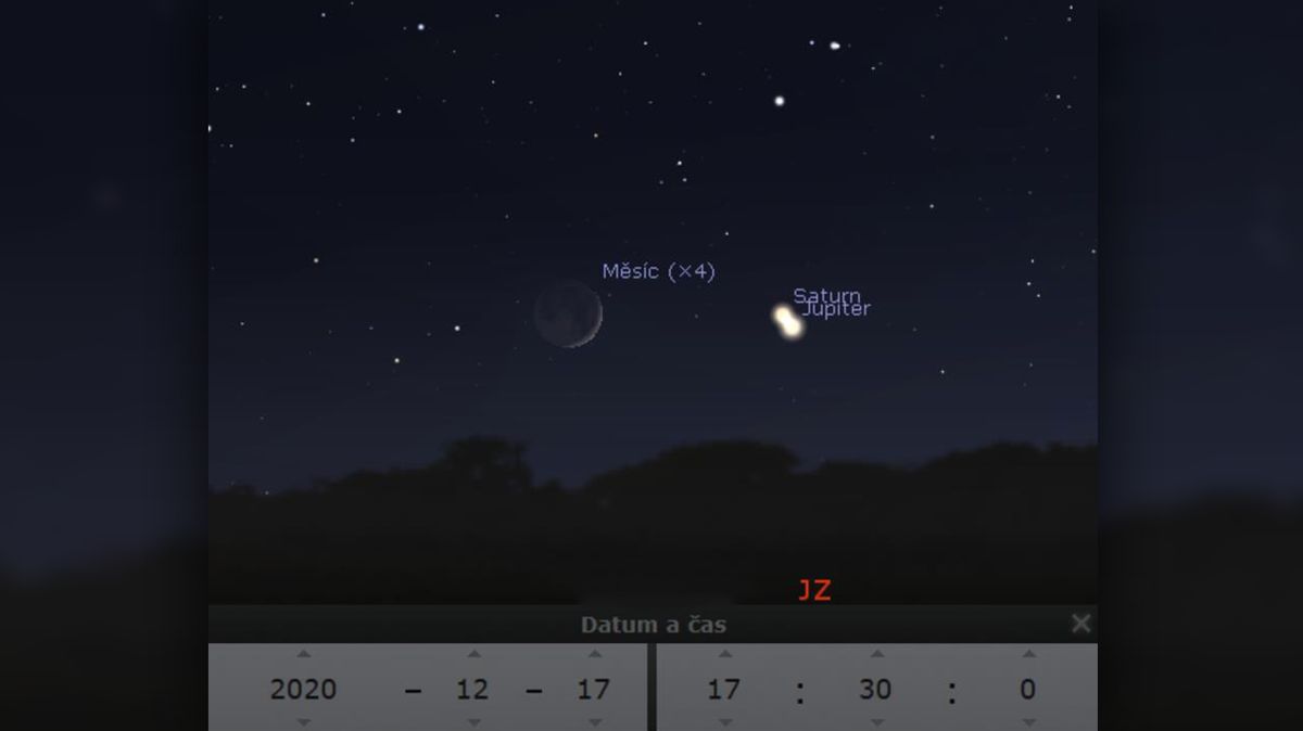 Na obrázku je znázorněna situace nad jihozápadním obzorem dne 17. prosince v 17:30, kdy se na obloze setkají planety Jupiter a Saturn s Měsícem.