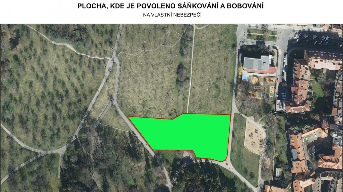 Komplex zahrad vrchu Petřína – mapa s vyznačenou plochou pro sáňkování