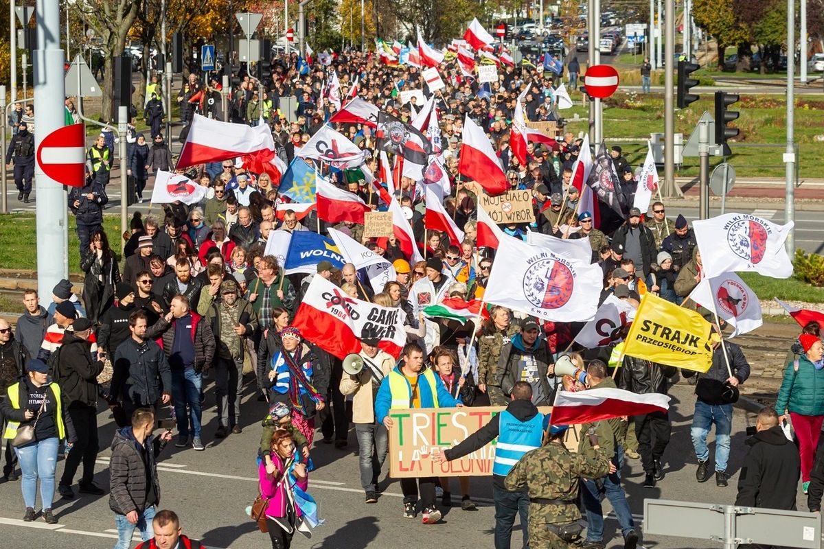Protest proti koronavirovým opatřením v polském Gdaňsku. Ta jsou přitom ve srovnání s evropskými zeměmi spíše mírná.