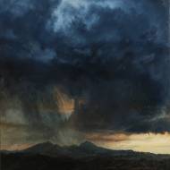 Atmosféru krajiny před bouřkou silně vnímáme na obraze Mraky nad Středohořím, 95 × 100 cm.