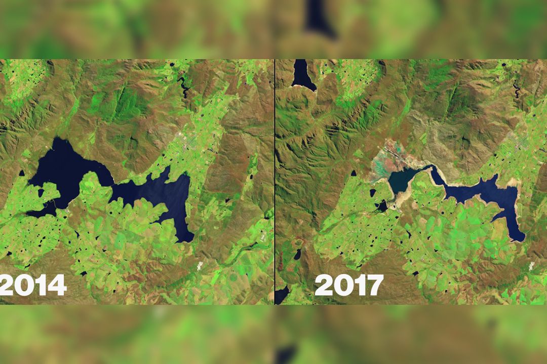Vysychání jihoafrické vodní nádrže Theewaterskloof - vlevo snímek z října 2014, vpravo z října 2017