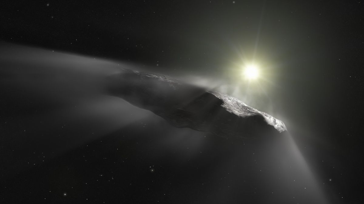 Vizualizace toho, jak by mohl objekt Oumuamua vypadat.