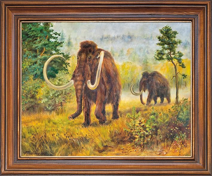 Obraz s mamuty je originální dárek od bratra Luboše, který do něho zakomponoval krajinu za domem.