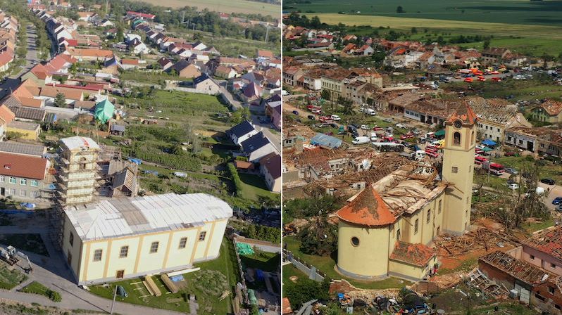 Letecké záběry: Moravská Nová Ves dva a půl měsíce po tornádu a těsně po něm