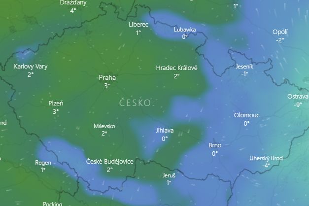 Animace windy.com ukazuje teplotní rozdíly mezi Čechami a Moravou v pondělí kolem 8:30 