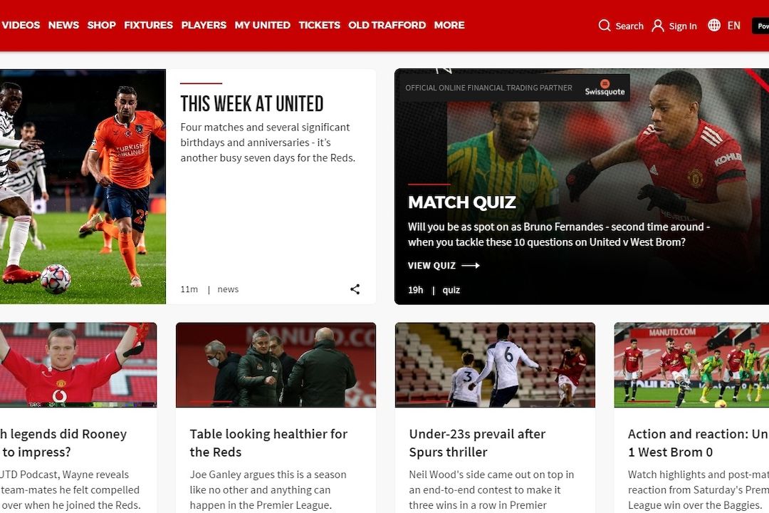 Webové stránky fotbalového klubu Manchester United 